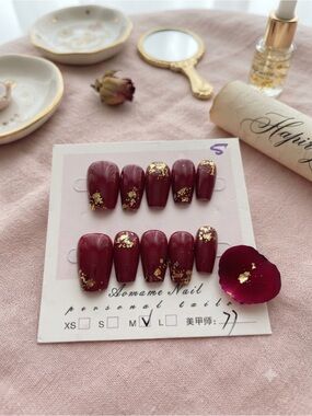 Elegant Burgundy Press-On Nails with Gold Flake - Set of 10